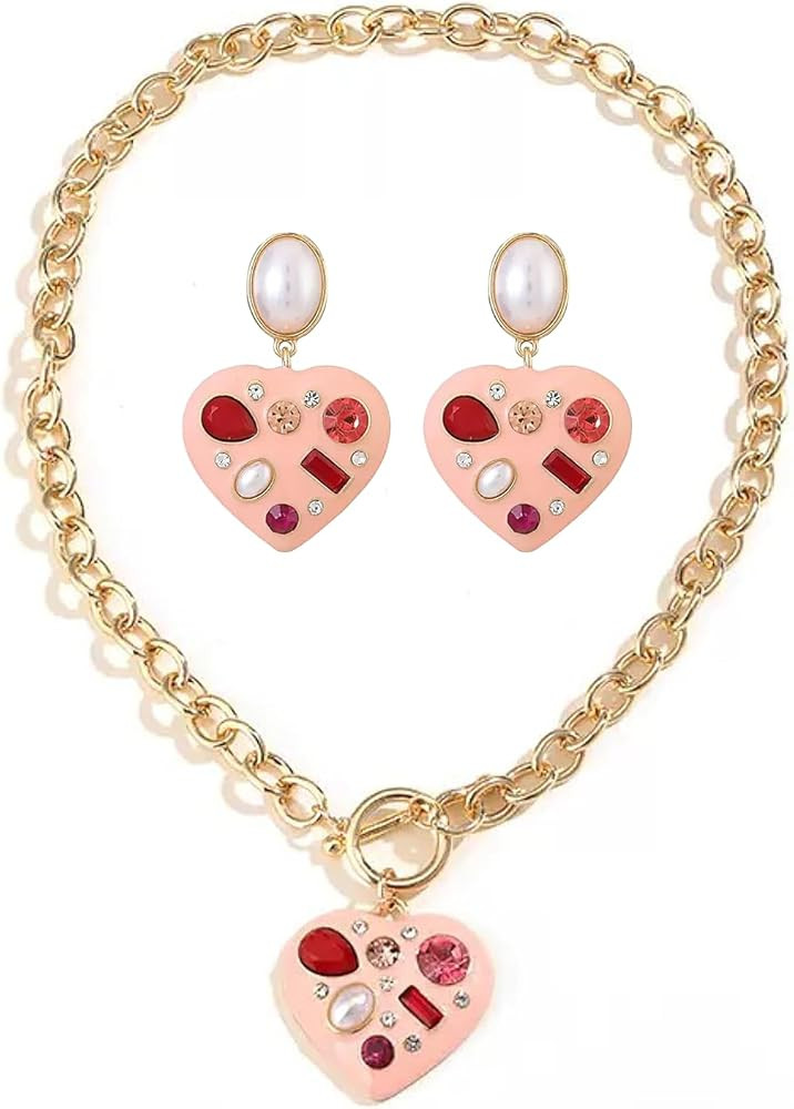 Pink Heart Necklace Earrings Set,Heart oil drip Necklace Earrings for Women Jewelry Sets | Amazon (US)