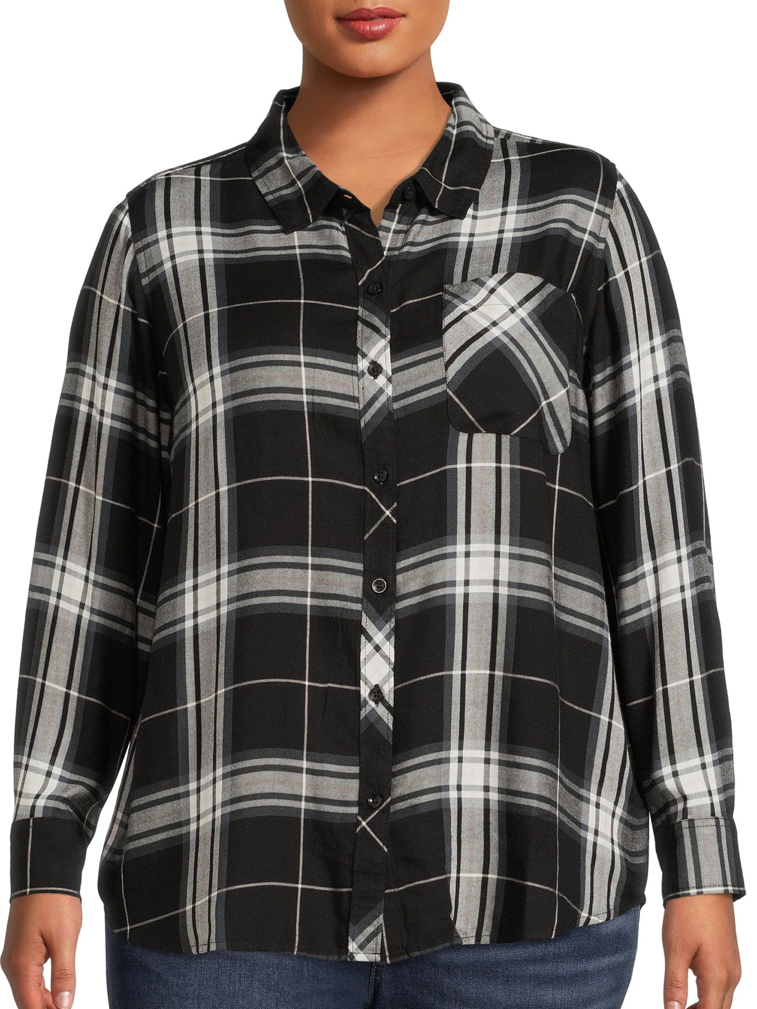 Terra & Sky Women's Plus Size Long Sleeve Plaid Woven Top - Walmart.com | Walmart (US)