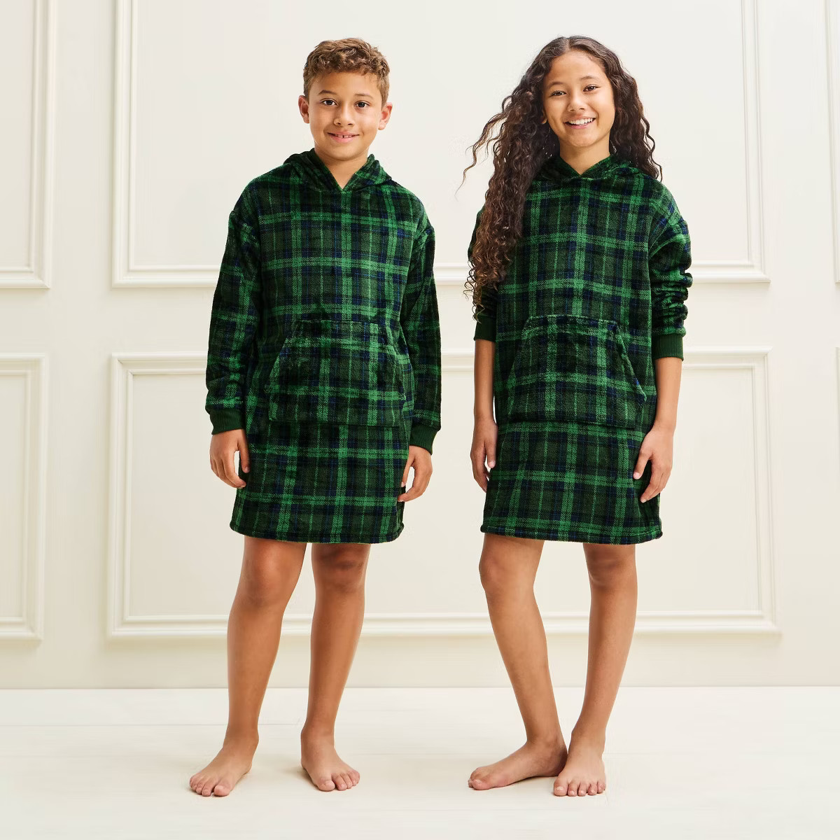 Kids' Holiday Plaid High Pile Fleece Matching Family Pajama Blanket Hoodie - Wondershop\u2122 Gre... | Target