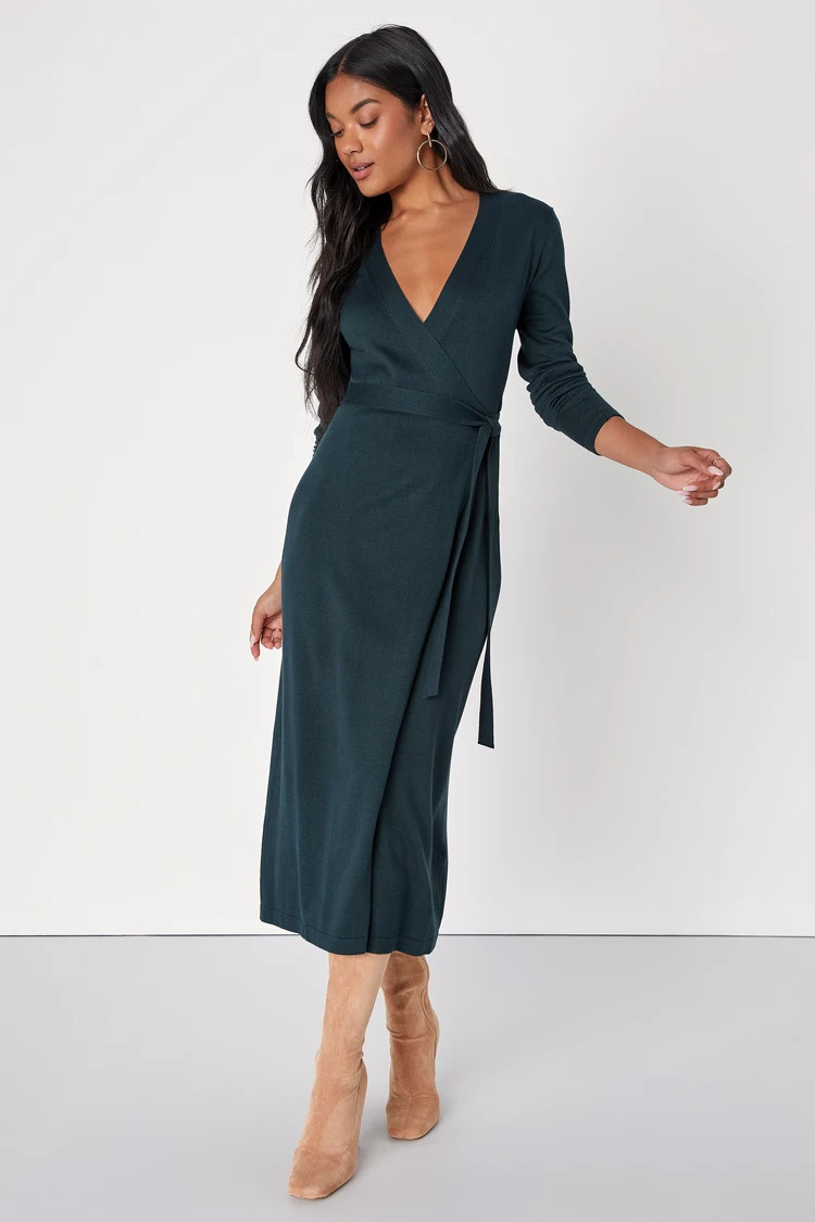 Literary Lover Emerald Green Midi Wrap Sweater Dress | Lulus (US)