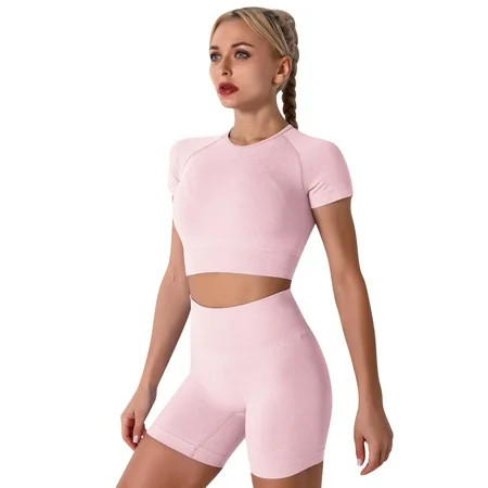 IBTOM CASTLE Women Workout Sets Yoga Outfits, Short Sleeve Crop Top + High Waisted Running Short Pants Gym Clothes Tracksuit, 2-Piece S Pink | Walmart (US)