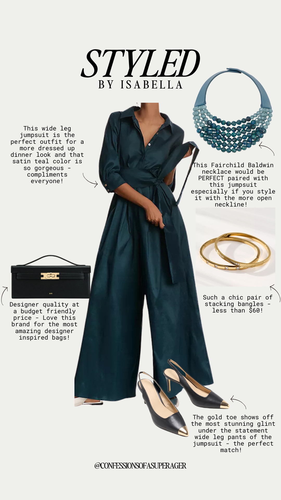 Winter dressing but make it elevated. ❄️✨ This satin wide-leg jumpsuit is officially my new go-to for chic winter dinner outfits, holiday events, and anything that calls for a little extra polish without the fuss. The teal color is so flattering on everyone and drapes beautifully!

I paired it with statement accessories that instantly level up the look — think bold necklaces, designer-inspired bags, and the perfect gold-accent heels (all budget-friendly, which we love!). If you’re hunting for winter outfit ideas, holiday party looks, or luxe pieces that feel high-end without the price tag… this one’s for you. 💙

Tap to shop the full winter outfit, accessories, and my top LTK favorites from this week!

#WinterOutfit #HolidayStyle #ChicWinterFashion #LTKWinter #WinterEventOutfits #WhatToWear #WideLegJumpsuit #DesignerInspired #AffordableFashion #Over50Style #AgelessStyle #ConfessionsOfASuperAger #LTKFinds #LTKChic #LTKStylist 

  

#LTKHoliday #LTKHoliday #LTKSeasonal #LTKOver40