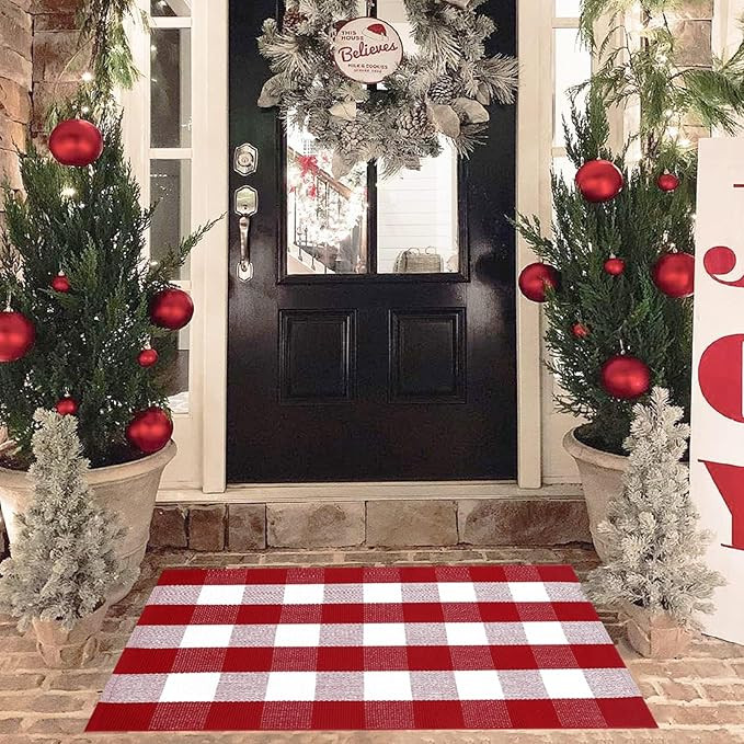 Christmas Red and White Plaid Rug, 28 x 43 Inches Cotton Hand-Woven Layered Door Mat for Front Po... | Amazon (US)