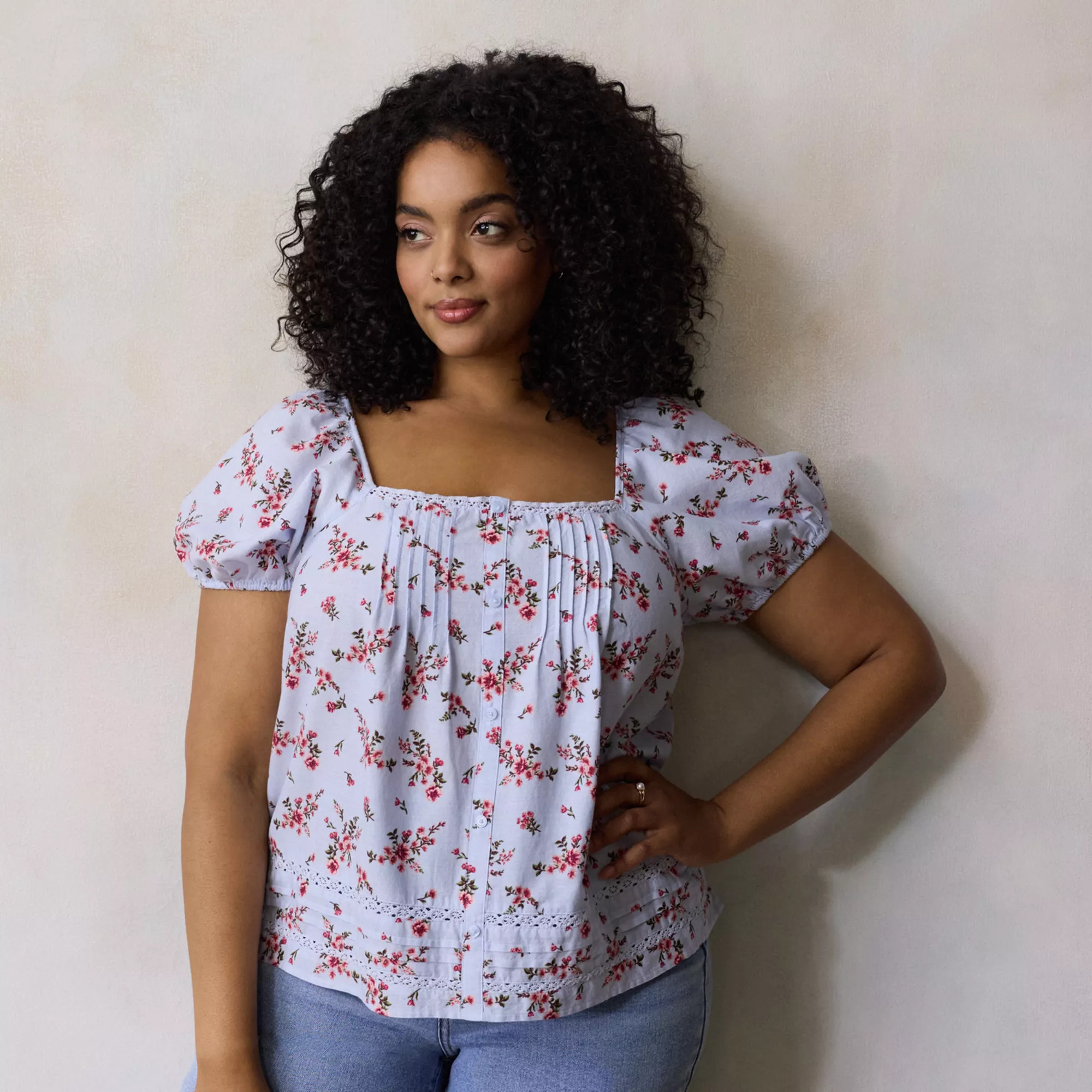 Plus Size LC Lauren Conrad Puff Sleeve Squareneck Blouse, Women's, Size: 1XL, Blue Elina Fleurs | Kohl's