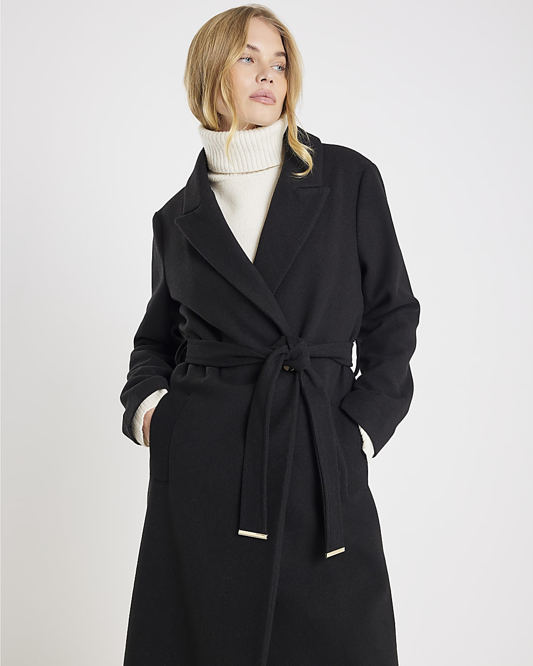 Black Belted Wrap Coat | River Island UK & IE