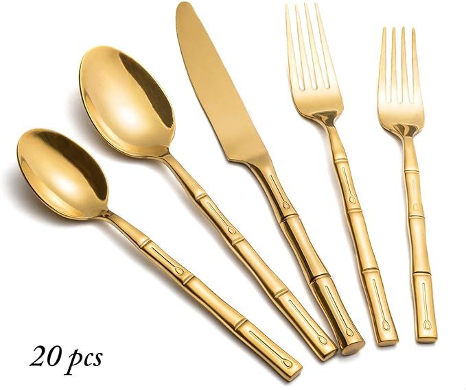 Kelenfer Flatware 20 Piece Shiny Gold Stainless Steel Cutlery Set with Bamboo Handle Forged Servi... | Amazon (US)