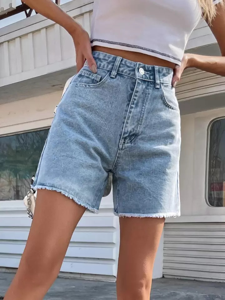 SHEIN Frenchy Solid Raw Hem Denim Shorts | SHEIN