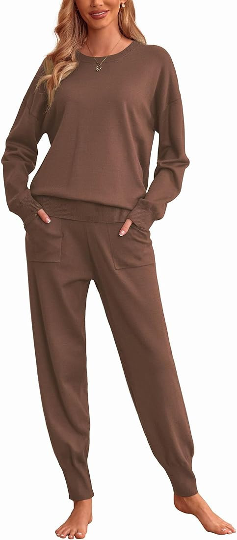 Ekouaer Women's 2 Piece Lounge Set Long Sleeve Knit Pajamas Sweatsuit Jogger Pant Outfits With Po... | Amazon (US)