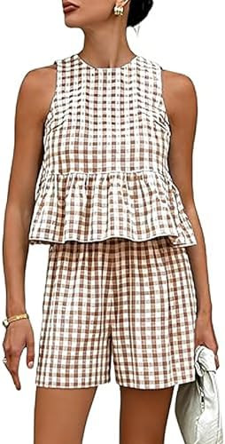 Womens 2 Piece Gingham Plaid Set Sleeveless Peplum Tank Top High Waist Shorts Casual Cotton Summe... | Amazon (US)