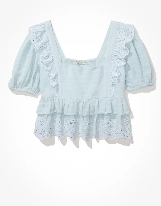 AE Square Neck Puff-Sleeve Babydoll Blouse | American Eagle Outfitters (US & CA)