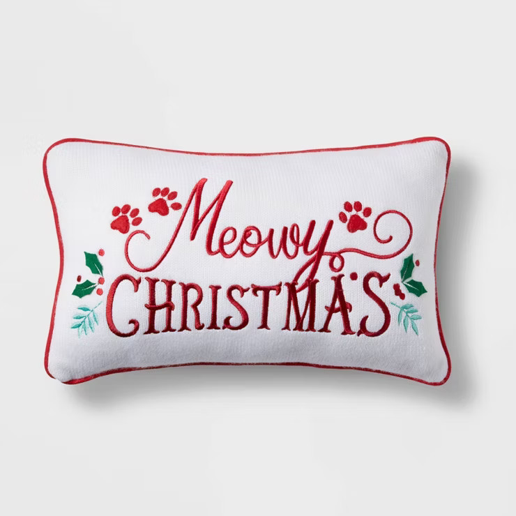 Reversible 'Meowy Christmas'/Holly Pattern Decorative Lumbar Pillow - Wondershop™ | Target