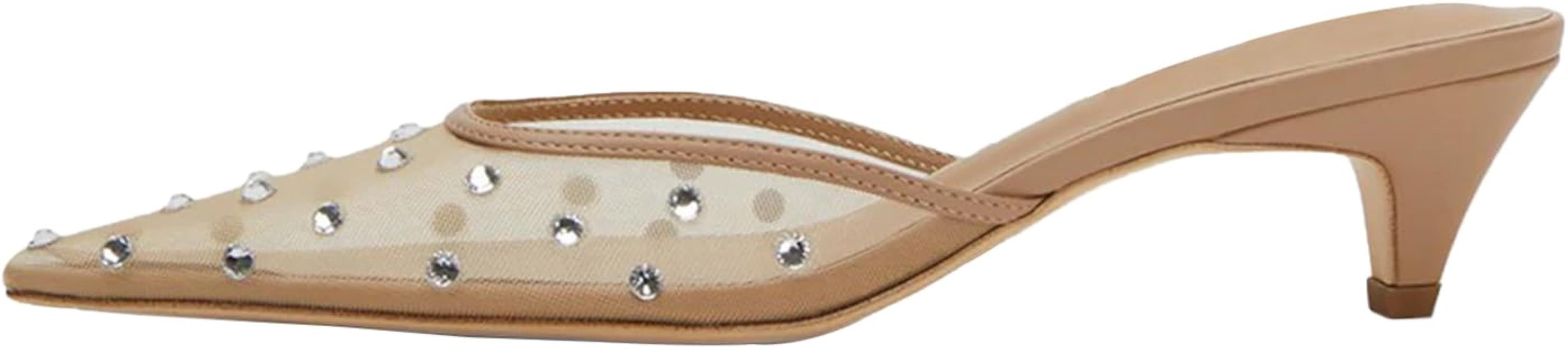Women Kitten Heel Mesh Rhinestone Mules Embellished Tulle Mules for Women Slip On Clear Pointed T... | Amazon (US)