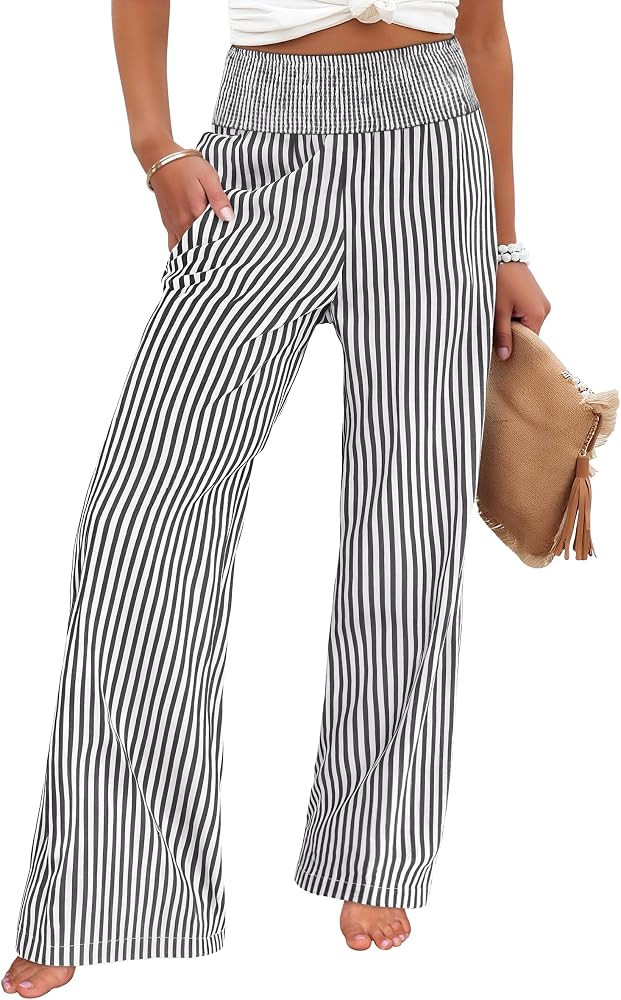 ANRABESS Womens Striped Gingham Wide Leg Palazzo Pants with Pockets | Amazon (US)