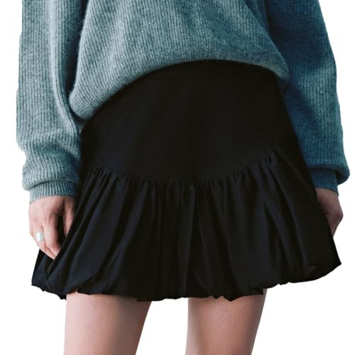 URBAN REVIVO Women Bubble Mini Skirt Elastic High Waist Ruffle Hem Summer Puffy A-Line Pleated Skirt Black, 3X-Large | Amazon (US)