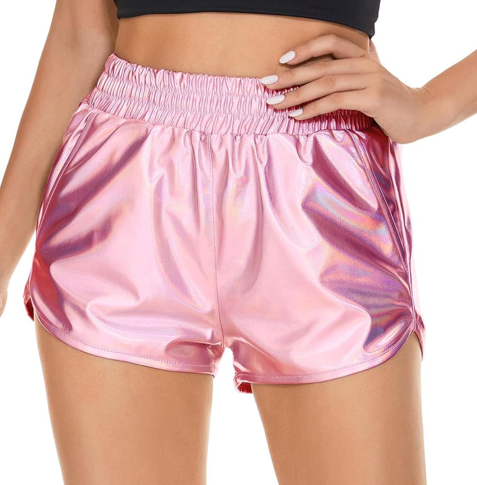 PESION Women's Metallic Shiny Shorts Sparkly Rave Hot Short Pants | Amazon (US)