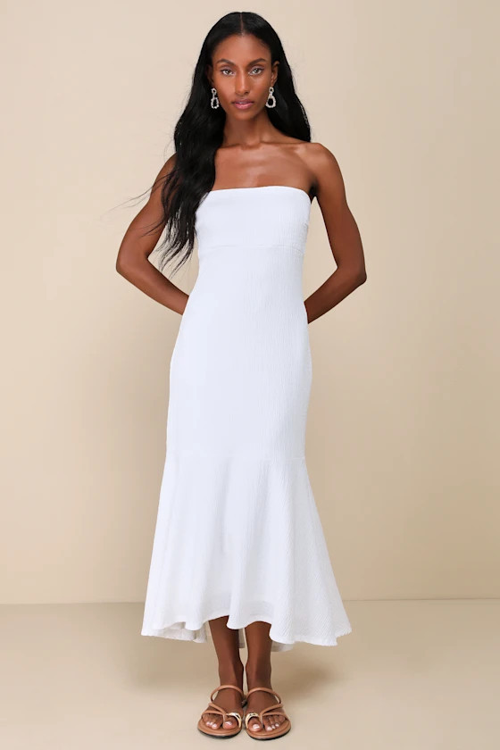 Darling Ways White Textured Strapless Midi Dress | Lulus