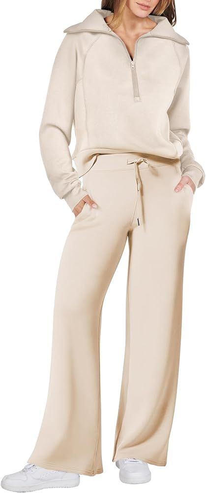 Prinbara Women 2 Piece Outfits Sweatsuit Set 2023 Fall Oversized Half Zip Sweatshirt Wide Leg Sweatpant Lounge Set Tracksuit | Amazon (US)