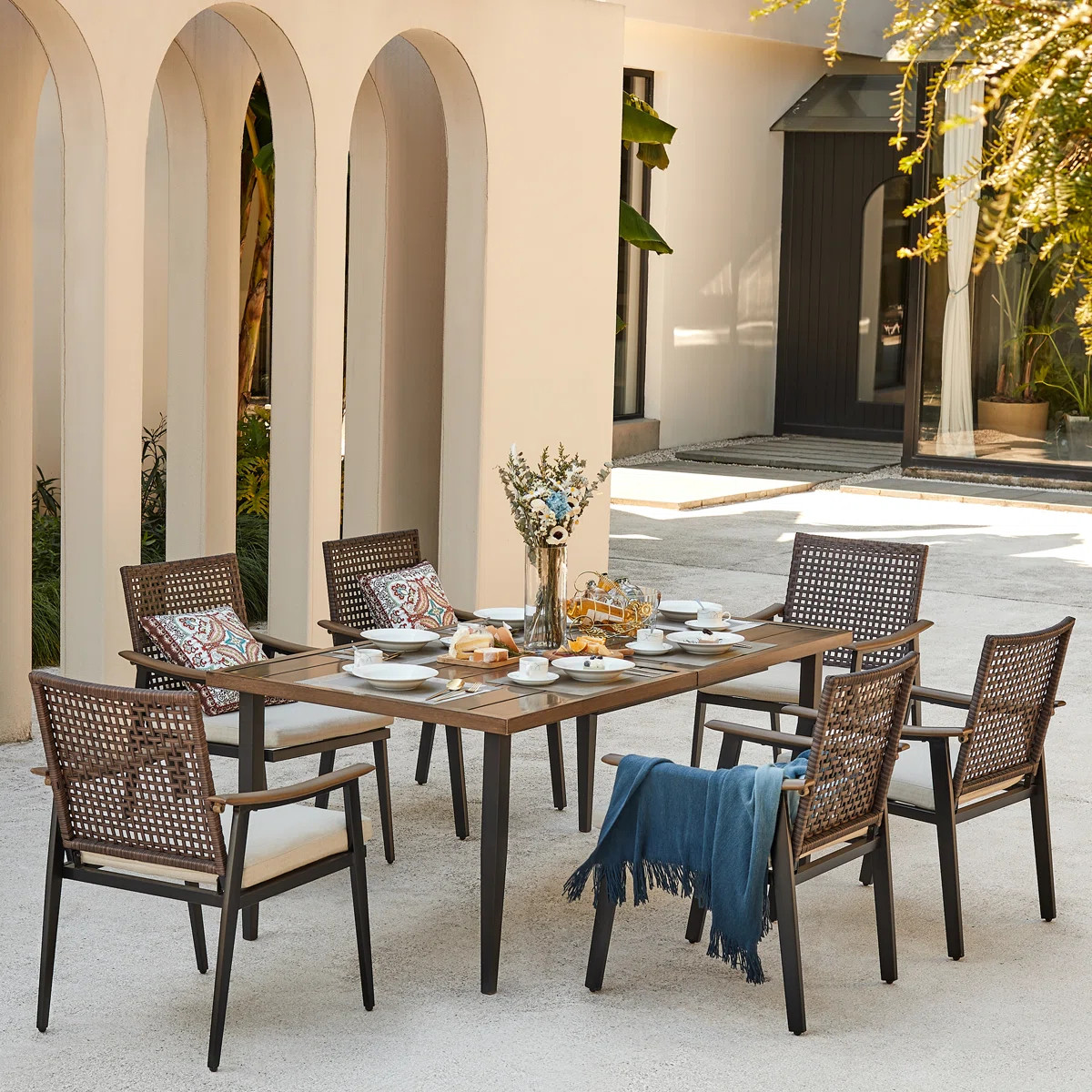 Arthetta 7 Piece Outdoor Dining Table Set with 6 Rattan Wicker Chairs with Cushions | Wayfair North America