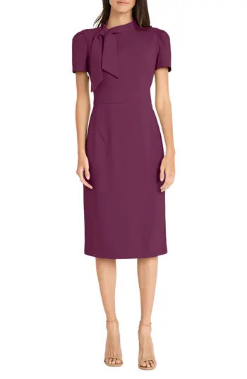 Maggy London Tie Neck Puff Sleeve Scuba Crepe Dress in Italian Plum at Nordstrom Rack, Size 4 | Nordstrom Rack
