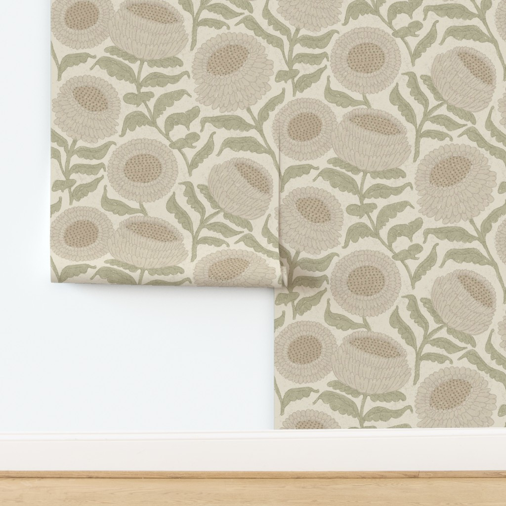 Warm Neutral Calming Farmhouse Folk Floral Blooms - Cream Olive (Lg) Wallpaper | Spoonflower | Spoonflower