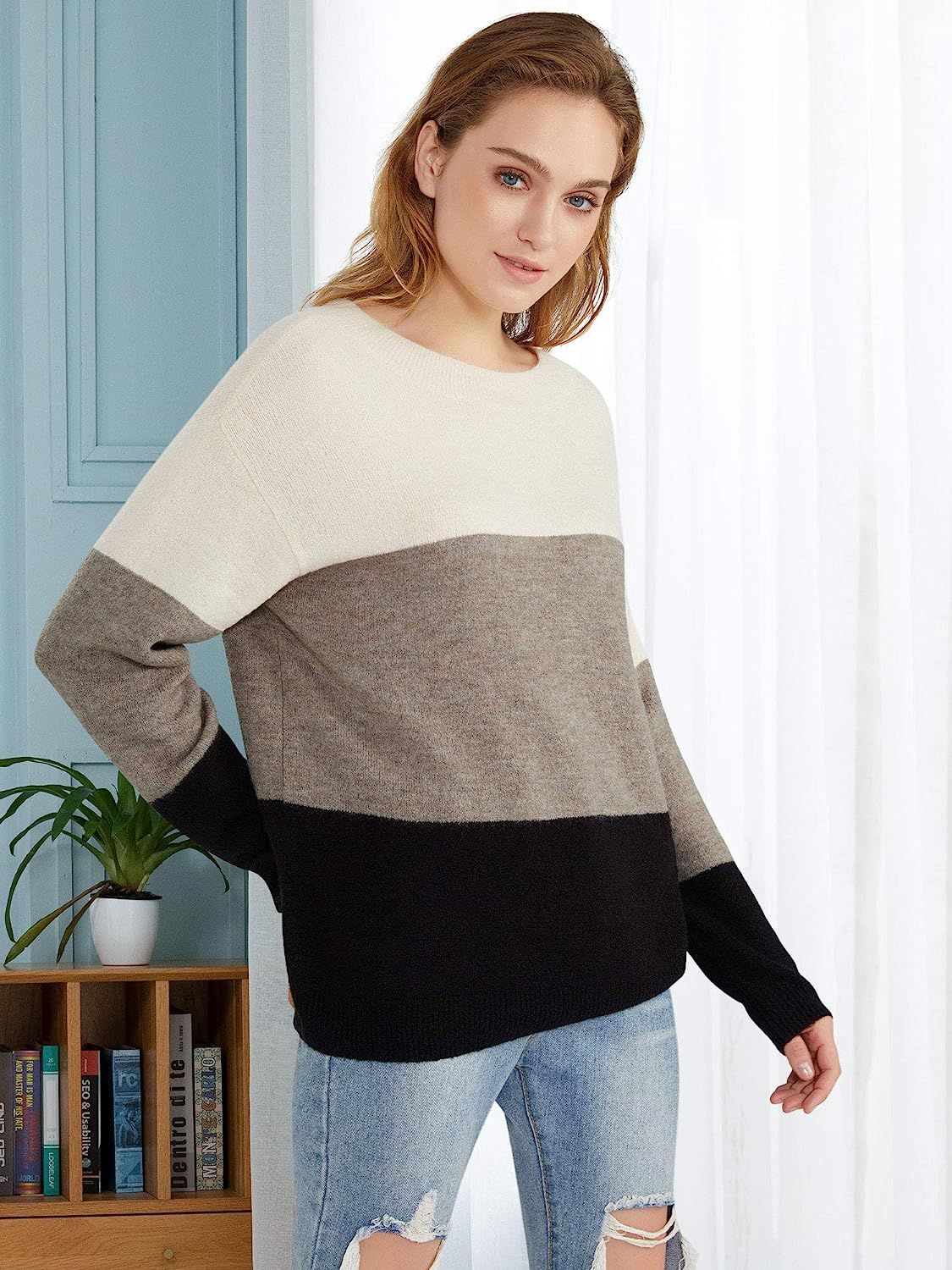 Woolen Bloom Women's Oversized Loose Sweater Crew Neck Pullover Lightweight Long Sleeve Tops for ... | Amazon (US)
