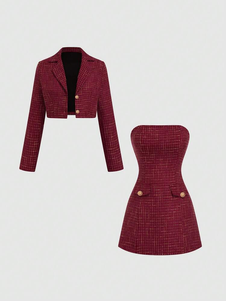 Sweetra Plus Size Retro Fitted High-End Blazer & Strapless Dress 2 Pieces Set | SHEIN