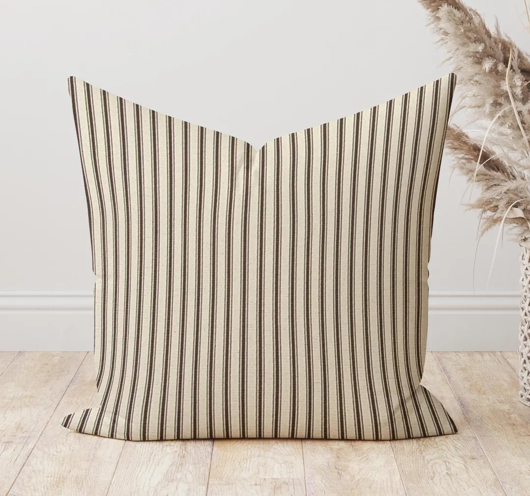 High quality Chestnut brown home decor Pillow cover , Dark brown chestnut pin stripe ticking stri... | Etsy (US)
