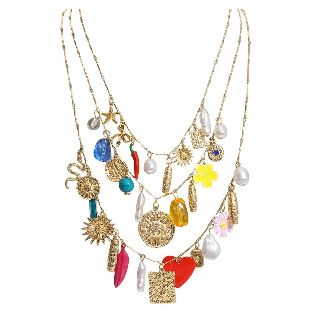 Vintage 3-Layered Pendant Charm Necklace for Women, Bohemian Ethnic Triple Layer Stackable Chain ... | Amazon (US)