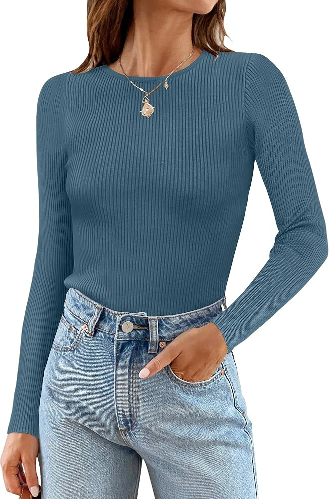 ZESICA Women's Long Sleeve Crewneck Tops 2024 Spring Fall Clothes Ribbed Knit Sweater Slim Fitted... | Amazon (US)