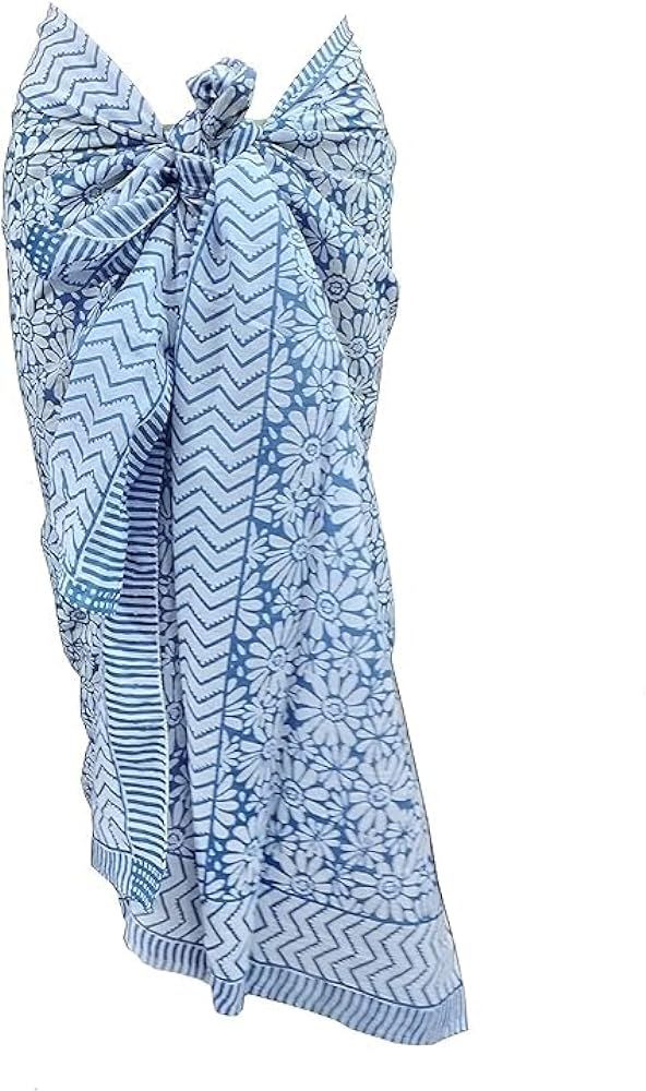 Cotton Hand Block Print Sarong Swimsuit Wrap Cover Up Long Women Cloth (73" x 44") Blue - 7 | Amazon (US)