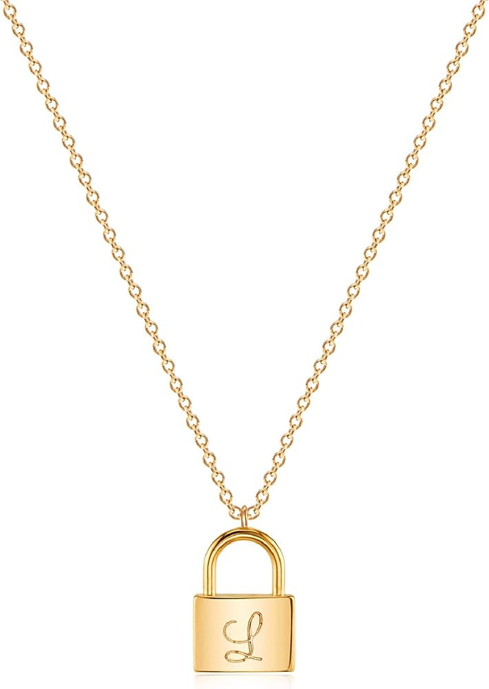 MEVECCO Gold Dainty Initial Necklace Lock Necklace 18K Gold Plated Padlock Necklace Letter Neckla... | Amazon (US)