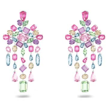 Gema clip earrings, Mixed cuts, Chandelier, Extra long, Multicolored, Rhodium plated by SWAROVSKI | SWAROVSKI