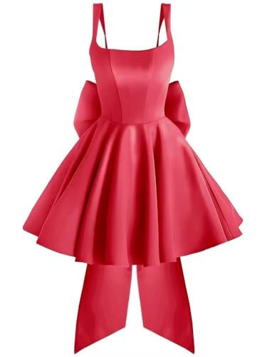 Hot Pink Satin A Line Square Neck Short Homecoming Dresses with Bow | Amazon (US)