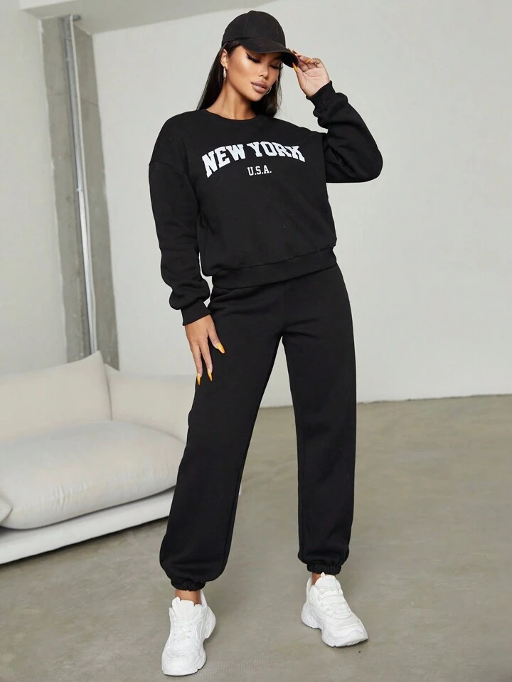 SHEIN PETITE Letter Graphic Drop Shoulder Pullover & Sweatpants | SHEIN