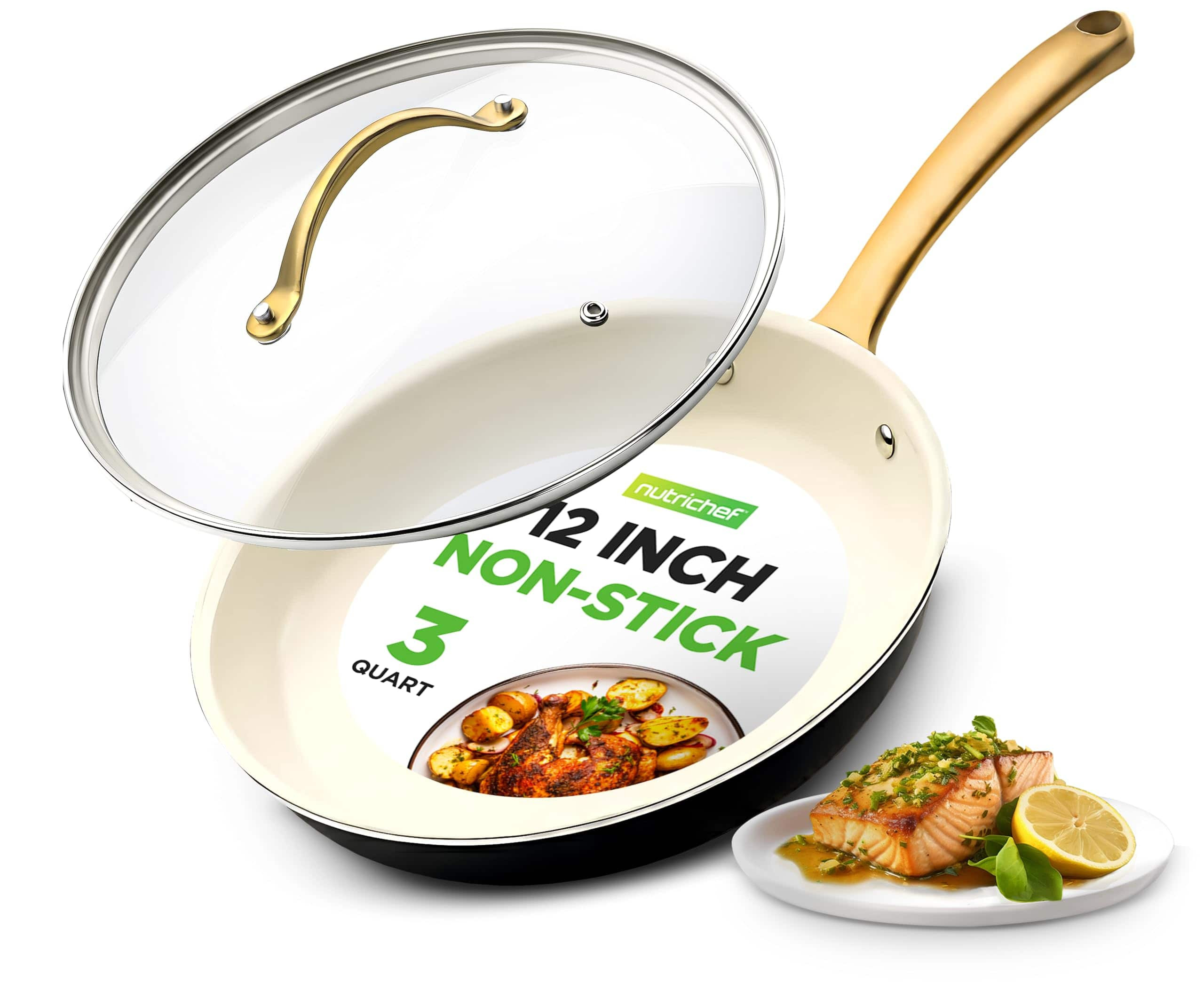 NutriChef - 12-Inch Ceramic Frying Pan with Lid, Golden Titanium Handle, Non-Stick, Easy to Clean (NCHGLDX12) - Stainless Steel | Best Buy U.S.