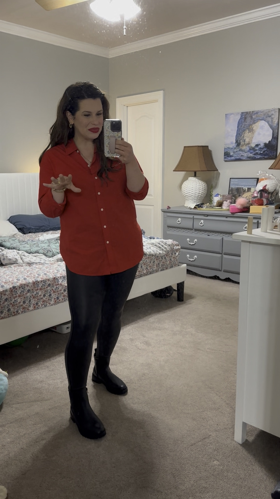 Wearing a Large (8/10 in jeans) in the Spanx leggings, but linked other similar leggings that I wear a Medium in. A small in the oversized red blouse. 

Wearing all Ilia Beauty- Super Serum Skin Tint SPF 40 in shade Formosa ST4, True Red (40% off) on my lips, Skin Rewind Complexion Stick in shade Poplar 7W, Sunshift Cream Bronzer in shade Ray, and Multi-Stick A Fine Romance on my cheeks. 

Holiday Outfit, boots, faux leather leggings, date night outfit, red lip 

#LTKStyleTip #LTKHoliday #LTKMidsize