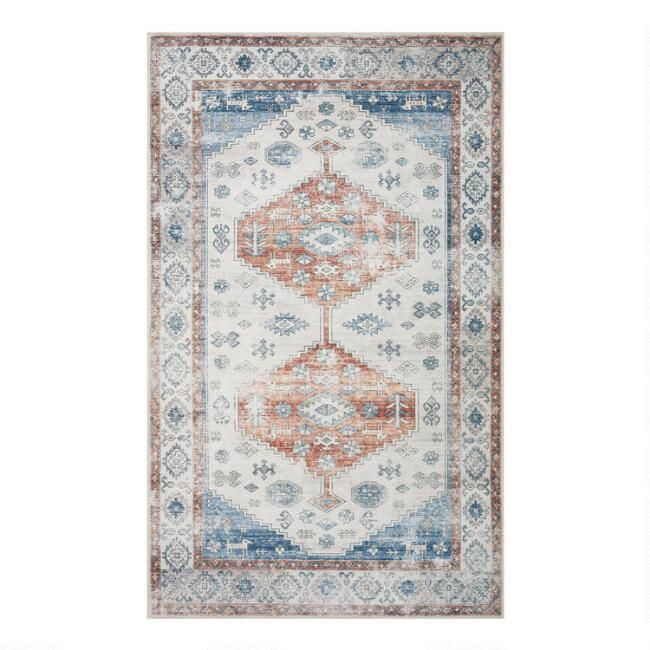 Blue and Rust Distressed Persian Style Washable Area Rug | World Market