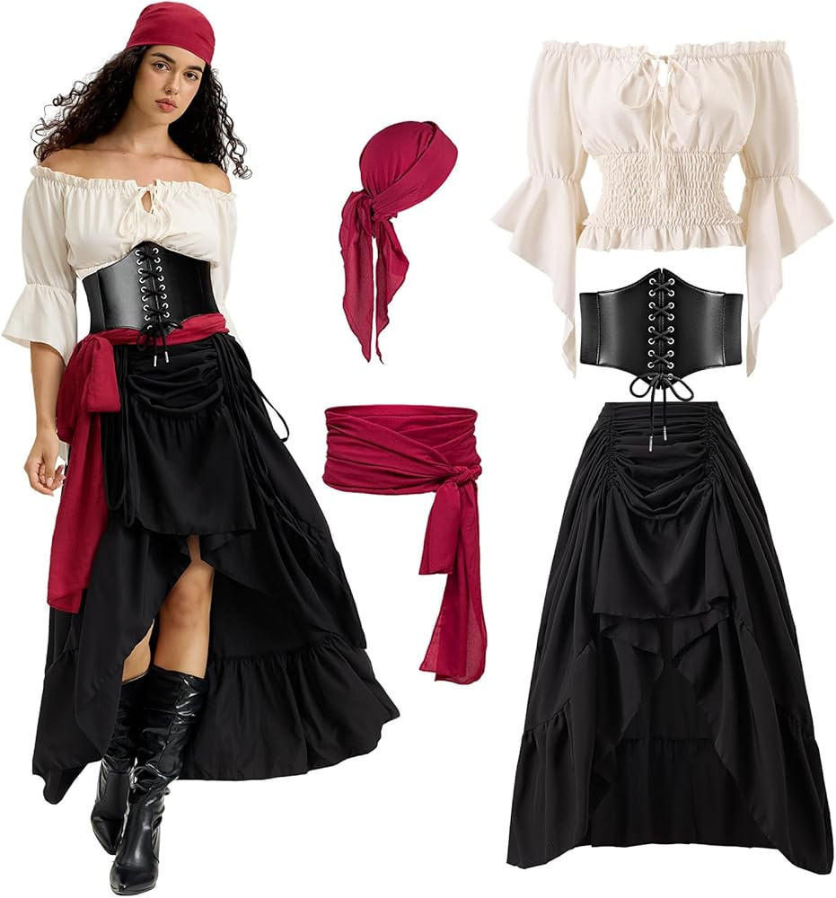 Women Pirate Costume with Peasant Blouse Off Shoulder Trumpet Sleeve Tops Victorian Steampunk Ski... | Amazon (US)
