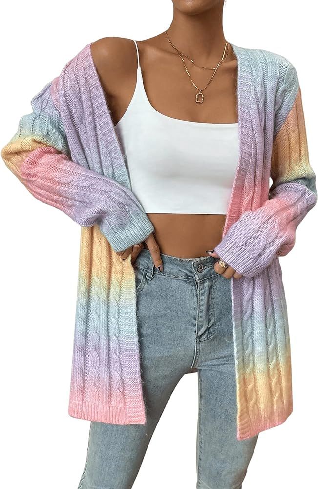 SweatyRocks Women's Ombre Pattern Long Sleeve Open Front Sweater Drop Shoulder Soft Knit Midi Car... | Amazon (US)