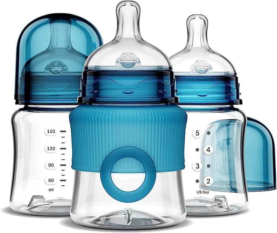 Smilo Baby Bottles, Aqua, Smooth Flow Anti-Colic Feeding, 5 Ounce with Stage 0 Nipples (Pack of 3... | Amazon (US)