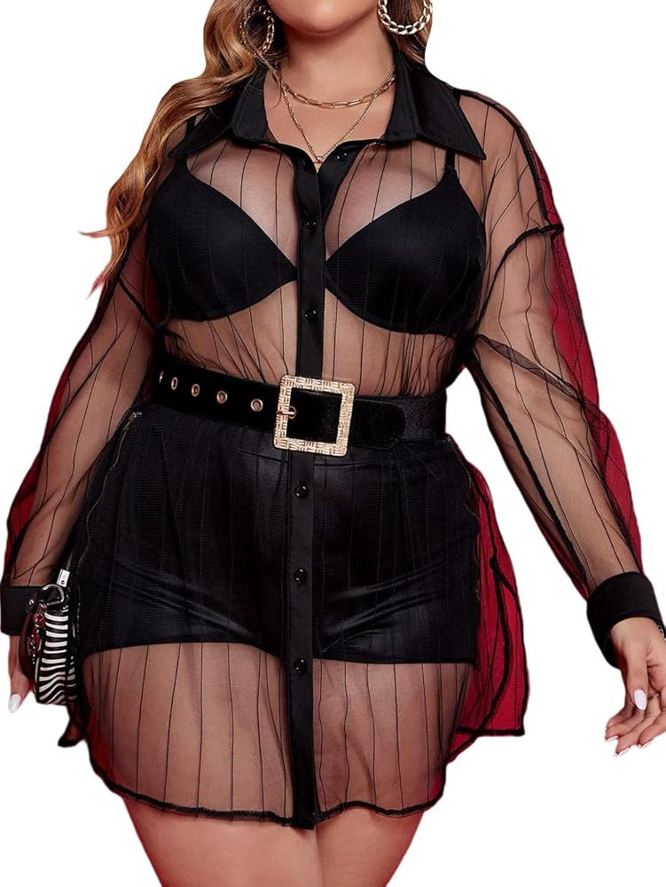 MakeMeChic Women's Plus Size Sheer Mesh Long Sleeve Button Down Shirt Blouse | Amazon (US)