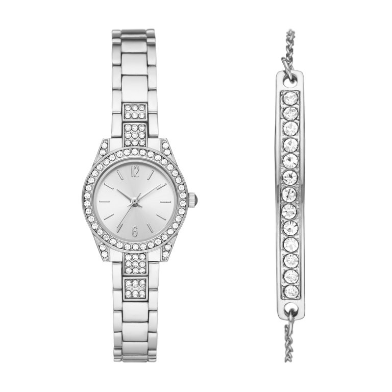 Time and Tru Women's Silver Tone Crystal Watch & Bracelet Set | Walmart (US)