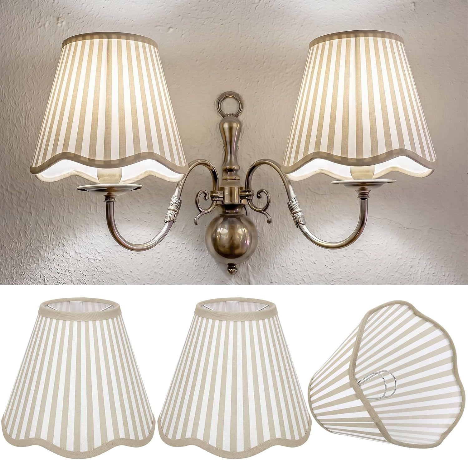 Lewtemi 2 Pcs Beige Striped Scalloped Lamp Shades 4" x 6" x 5" | Amazon (US)