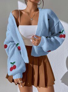 SHEIN Qutie Cherry Embroidery Lantern Sleeve Cardigan | SHEIN
