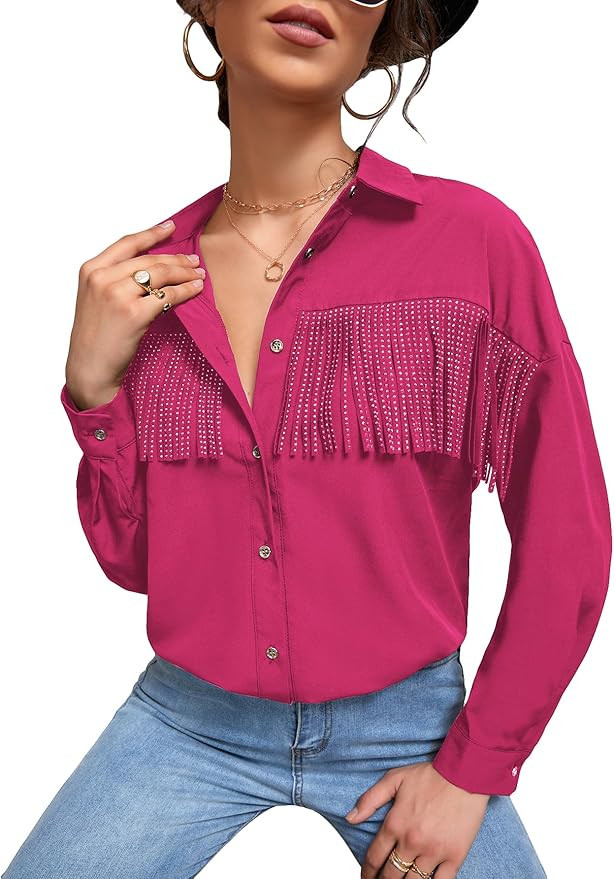 SweatyRocks Women's Long Sleeve Button Front Chiffon Blouse Fringe Trim Shirt Top | Amazon (US)