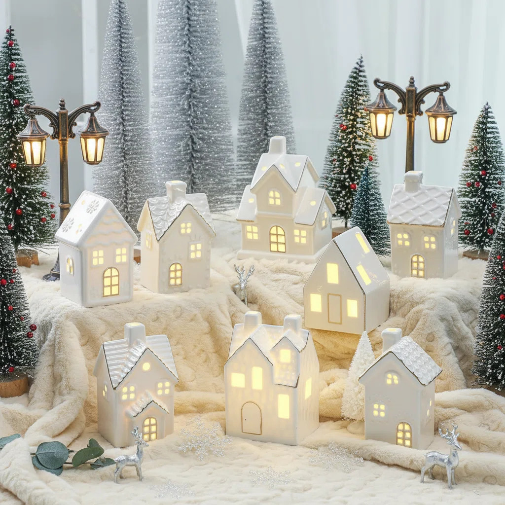 28-Piece Ceramic LED Christmas Village Set With 8 Houses, 18 Trees, Lamp Posts & Figurines For Ho... | Wayfair North America