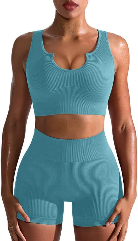 YVYVLOLO Workout Sets for Women 2 Piece Seamless Ribbed Sports Bra High Waist Yoga Shorts Outfits | Amazon (US)