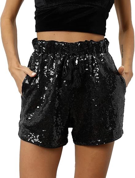 Women Summer Sequins Shorts High Waist Casual Loose A Line Hot Pants Sparkly Clubwear Night-Out S... | Amazon (US)