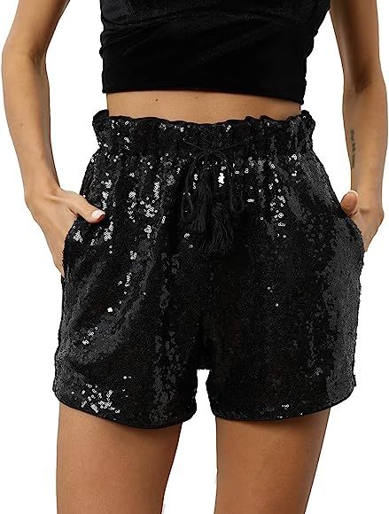 Women Summer Sequins Shorts High Waist Casual Loose A Line Hot Pants Sparkly Clubwear Night-Out S... | Amazon (US)