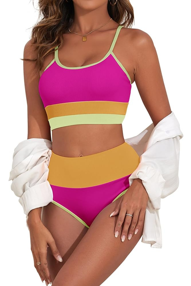 Adisputent Womens High Waisted Bikini Set Color Block Ribbed Crop Top Sporty Swimsuits Tummy Cont... | Amazon (US)